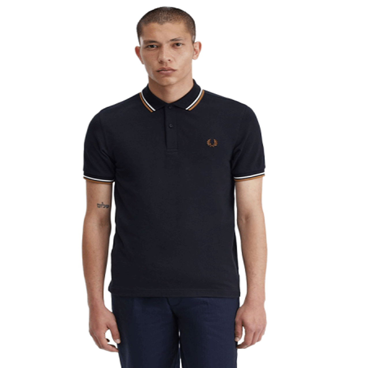 FRED PERRY TWIN TIPPED POLO NAVY/BRWN M3600-U86