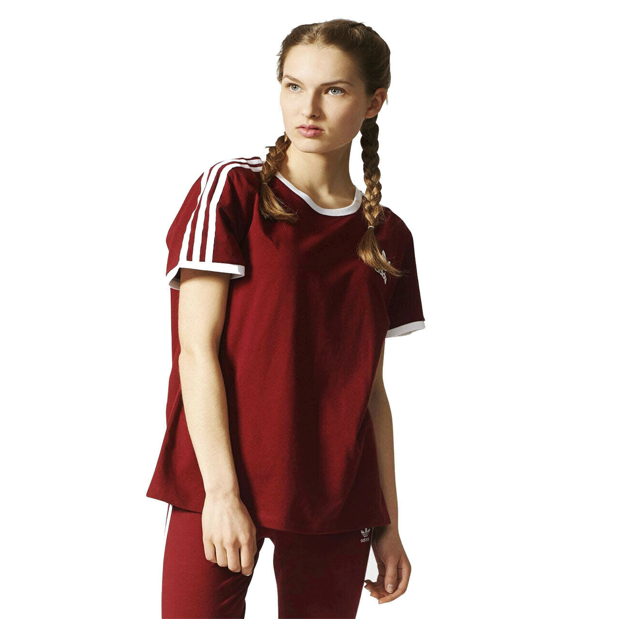 Adidas 3 stripe t shirt womens burgundy sales